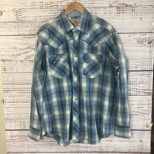 Wrangler Cowboy Cut Pearl Snap Blue Plaid USA Mens M Western